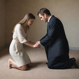 A humble man kneeling before a woman, gently holding her foot in his hands, and bowing his head in remorse, pleading for her forgiveness in a sincere and heartfelt manner.