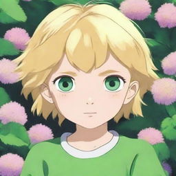 This digital art portrays a Studio Ghibli-style girl with short blonde hair