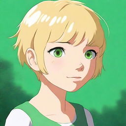 This digital art portrays a Studio Ghibli-style girl with short blonde hair