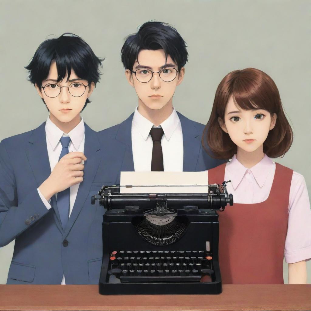 Create an anime-style book cover featuring two males standing on either side of a female, who is holding a typewriter.