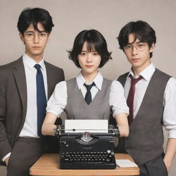 Create an anime-style book cover featuring two males standing on either side of a female, who is holding a typewriter.