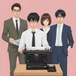 Create an anime-style book cover featuring two males standing on either side of a female, who is holding a typewriter.