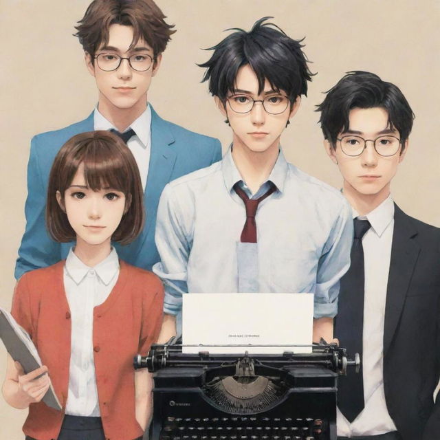 Create an anime-style book cover featuring two males standing on either side of a female, who is holding a typewriter.