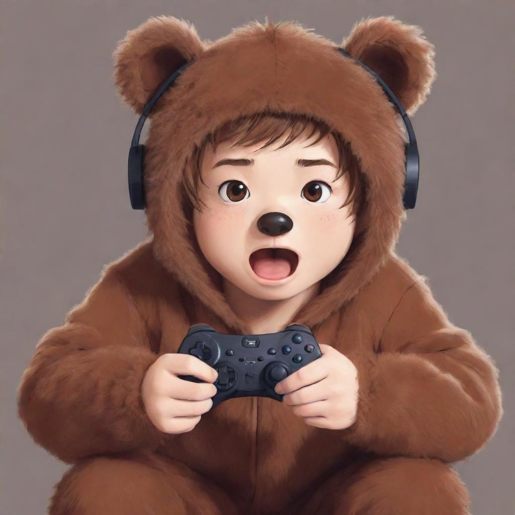 Anime style illustration of a gamer boy wearing a cute and fluffy brown bear suit, engaging in intense gaming with a controller in his hands and impassioned expression on his face.