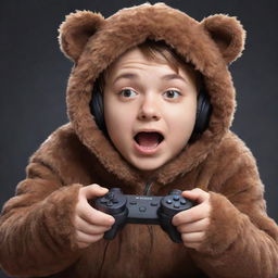 Anime style illustration of a gamer boy wearing a cute and fluffy brown bear suit, engaging in intense gaming with a controller in his hands and impassioned expression on his face.