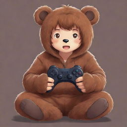 Anime style illustration of a gamer boy wearing a cute and fluffy brown bear suit, engaging in intense gaming with a controller in his hands and impassioned expression on his face.