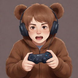 Anime style illustration of a gamer boy wearing a cute and fluffy brown bear suit, engaging in intense gaming with a controller in his hands and impassioned expression on his face.