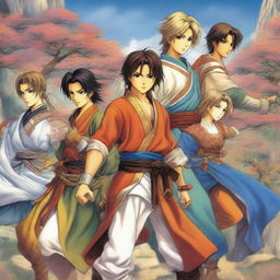 This is a high-quality digital art image that captures the essence of Suikoden cover art