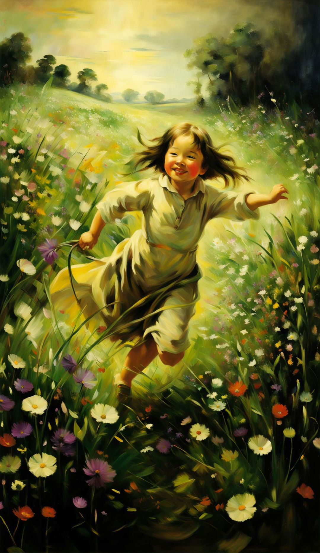 Impressionist fine art painting of a distant 4-year-old girl spinning joyfully in a field of long grass and small wildflowers in 1800s England, all depicted with blurred brushstrokes and bathed in painted light.