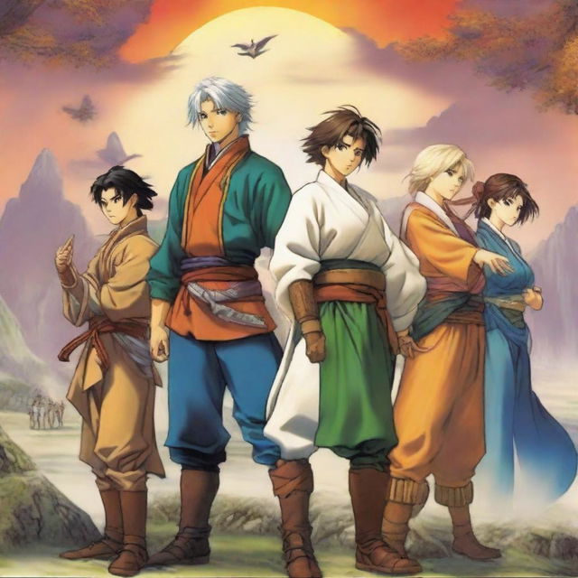 This is a high-quality digital art image that captures the essence of Suikoden cover art