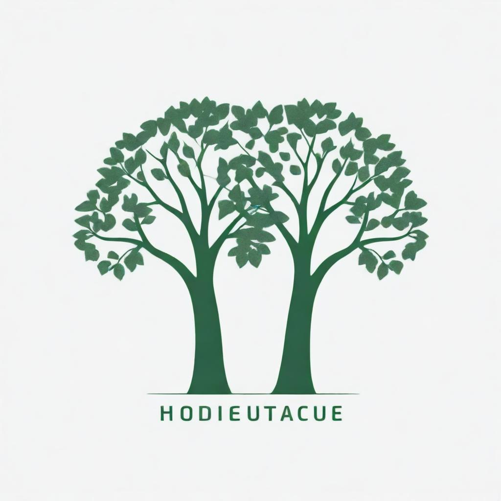 Generate a green and white negative space logo design. The logo features two identical trees standing side by side, with the negative space between the tree branches constructing a flower for a gardening website.