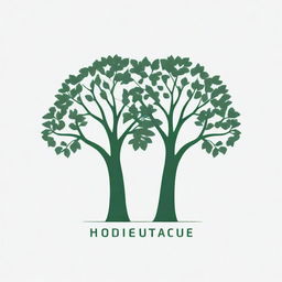 Generate a green and white negative space logo design. The logo features two identical trees standing side by side, with the negative space between the tree branches constructing a flower for a gardening website.