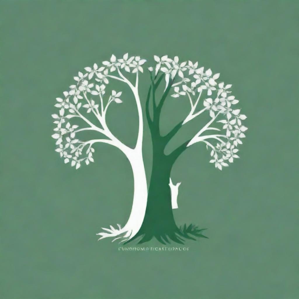 Generate a green and white negative space logo design. The logo features two identical trees standing side by side, with the negative space between the tree branches constructing a flower for a gardening website.