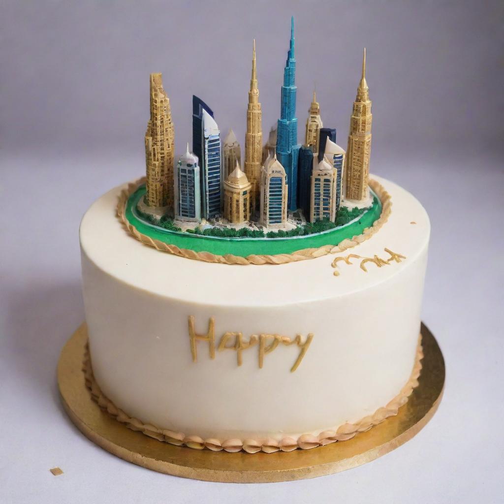 A beautifully decorated birthday cake themed around Downtown Dubai, with 'Happy Birthday Waqar' written in elegant frosting.