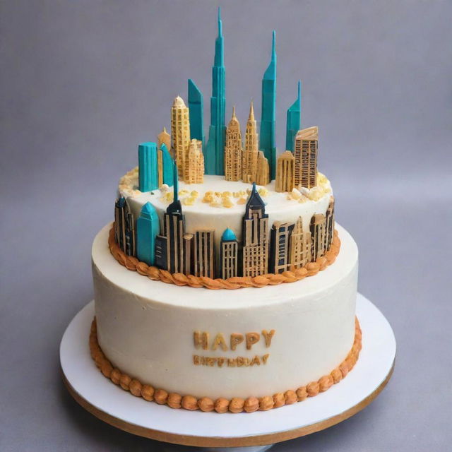 A beautifully decorated birthday cake themed around Downtown Dubai, with 'Happy Birthday Waqar' written in elegant frosting.