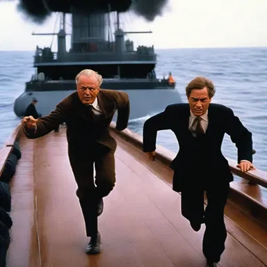 The movie depicted a thrilling chase scene between the hero and the villain on the fourth deck of a sinking ship.