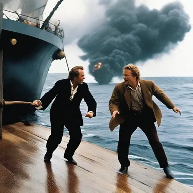 The movie depicted a thrilling chase scene between the hero and the villain on the fourth deck of a sinking ship.