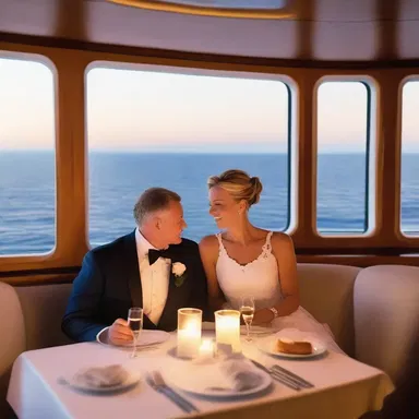 The couple enjoyed a candlelit dinner on the fourth deck of a luxurious cruise ship, surrounded by the breathtaking view of the ocean.