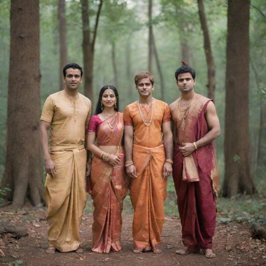 Ram, Lakshman, and Sita standing together in a traditional Indian attire with serene expressions against a backdrop of an ancient forest