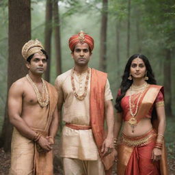 Ram, Lakshman, and Sita standing together in a traditional Indian attire with serene expressions against a backdrop of an ancient forest