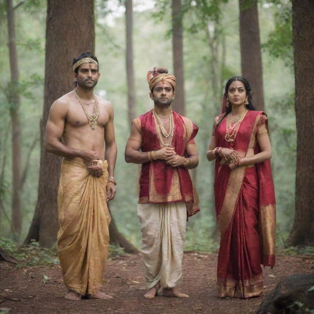 Ram, Lakshman, and Sita standing together in a traditional Indian attire with serene expressions against a backdrop of an ancient forest