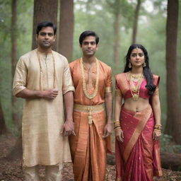 Ram, Lakshman, and Sita standing together in a traditional Indian attire with serene expressions against a backdrop of an ancient forest