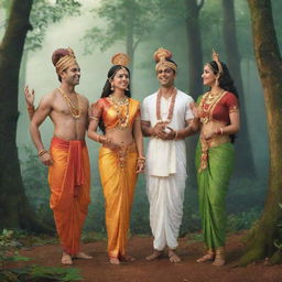 Animated image of Ram, Lakshman, and Sita in traditional Indian attire interacting in a lively forest setting with subtle movements