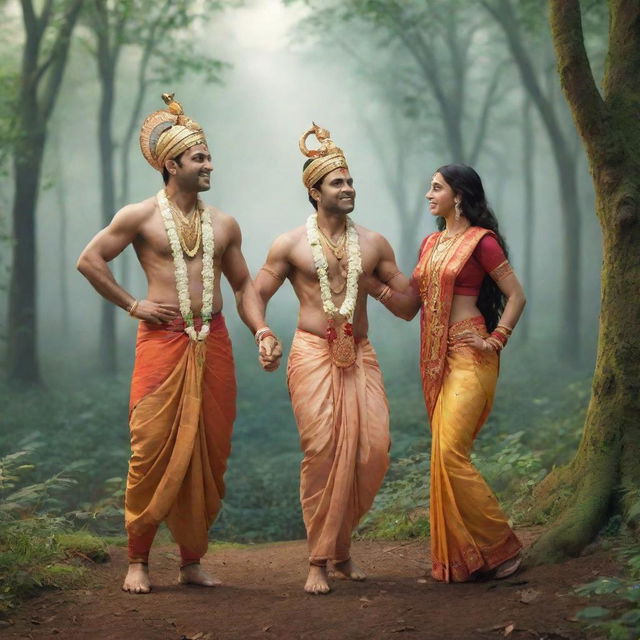 Animated image of Ram, Lakshman, and Sita in traditional Indian attire interacting in a lively forest setting with subtle movements