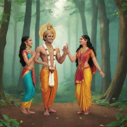 Animated image of Ram, Lakshman, and Sita in traditional Indian attire interacting in a lively forest setting with subtle movements