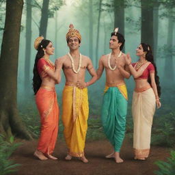 Animated image of Ram, Lakshman, and Sita in traditional Indian attire interacting in a lively forest setting with subtle movements