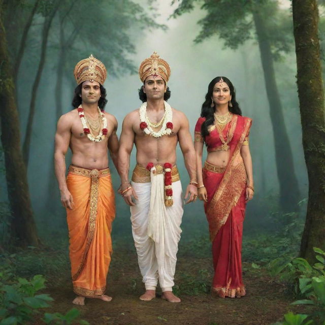 Animated image of Ram, Lakshman, and Sita in traditional Indian attire standing in a beautiful lush Indian forest.