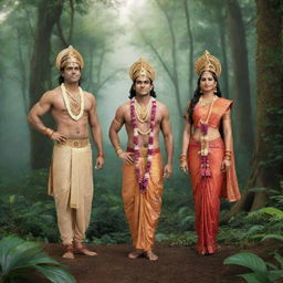 Animated image of Ram, Lakshman, and Sita in traditional Indian attire standing in a beautiful lush Indian forest.