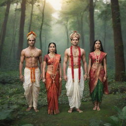 Animated image of Ram, Lakshman, and Sita in traditional Indian attire standing in a beautiful lush Indian forest.