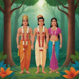 Animated illustration of Ram, Lakshman, and Sita in traditional Indian attire standing within a vibrant, lush forest setting.