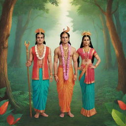 Animated illustration of Ram, Lakshman, and Sita in traditional Indian attire standing within a vibrant, lush forest setting.