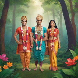 Animated illustration of Ram, Lakshman, and Sita in traditional Indian attire standing within a vibrant, lush forest setting.