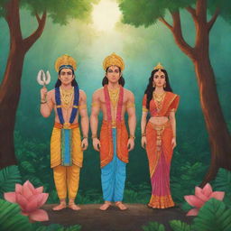 Animated illustration of Ram, Lakshman, and Sita in traditional Indian attire standing within a vibrant, lush forest setting.