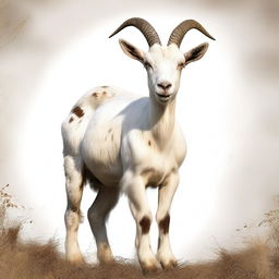 This image captures a white goat adorned with brown spots in high resolution