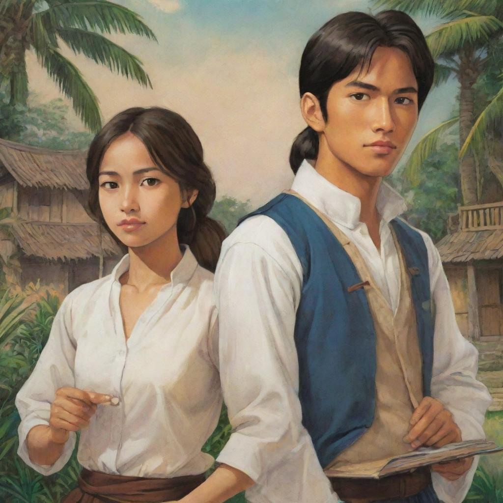 Revise the anime-style book cover, depict the two males and the female as Filipinos in the Spanish colonial era in the Philippines.