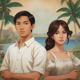 Revise the anime-style book cover, depict the two males and the female as Filipinos in the Spanish colonial era in the Philippines.