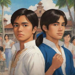 Revise the anime-style book cover, depict the two males and the female as Filipinos in the Spanish colonial era in the Philippines.