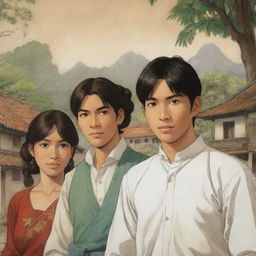 Revise the anime-style book cover, depict the two males and the female as Filipinos in the Spanish colonial era in the Philippines.