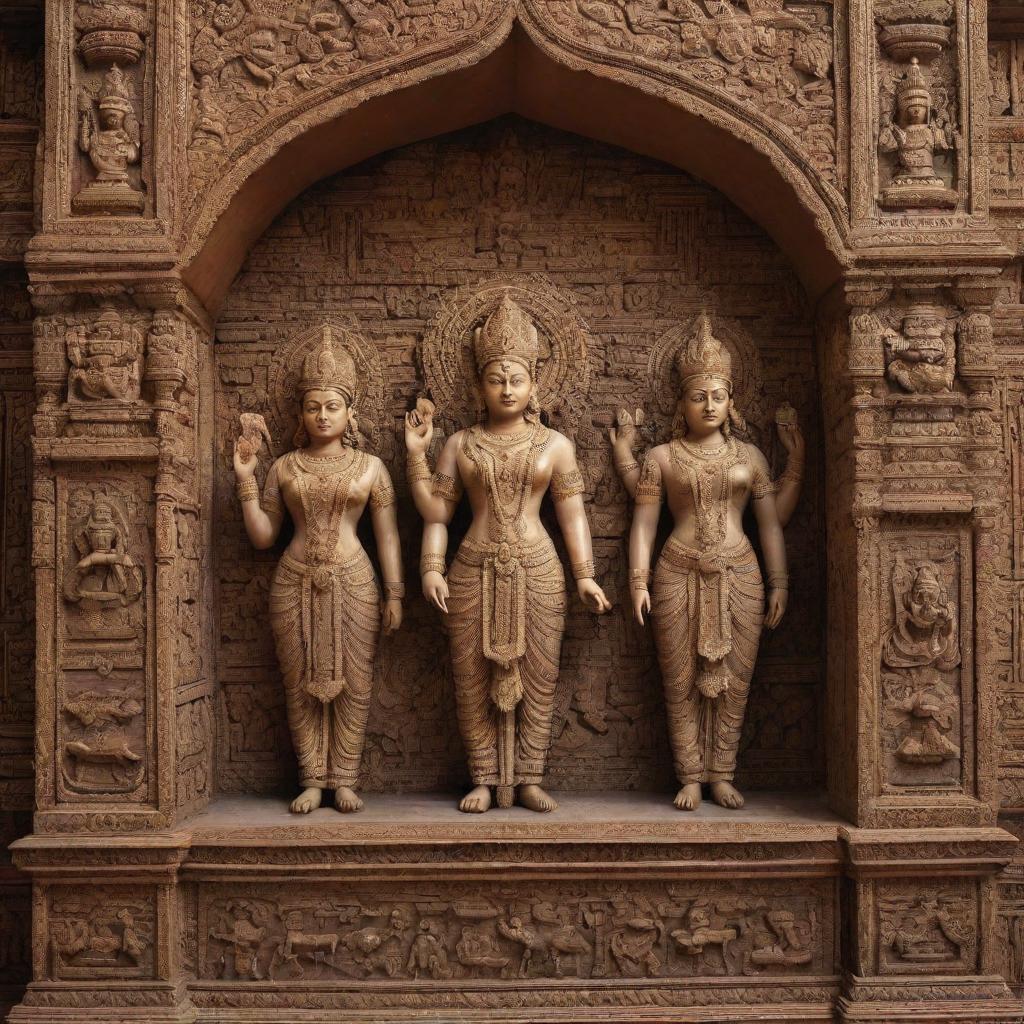 A detailed graphic representation of Ram, Lakshman and Sita situated in an ornate mandir, or temple, with intricate carvings and embellishments.