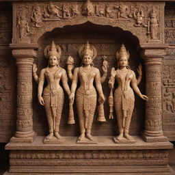 A detailed graphic representation of Ram, Lakshman and Sita situated in an ornate mandir, or temple, with intricate carvings and embellishments.