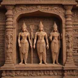 A detailed graphic representation of Ram, Lakshman and Sita situated in an ornate mandir, or temple, with intricate carvings and embellishments.