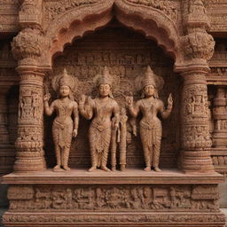 A detailed graphic representation of Ram, Lakshman and Sita situated in an ornate mandir, or temple, with intricate carvings and embellishments.