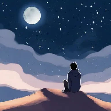 The protagonist sat on a hill, gazing at the starlit horizon, contemplating the meaning of life.
