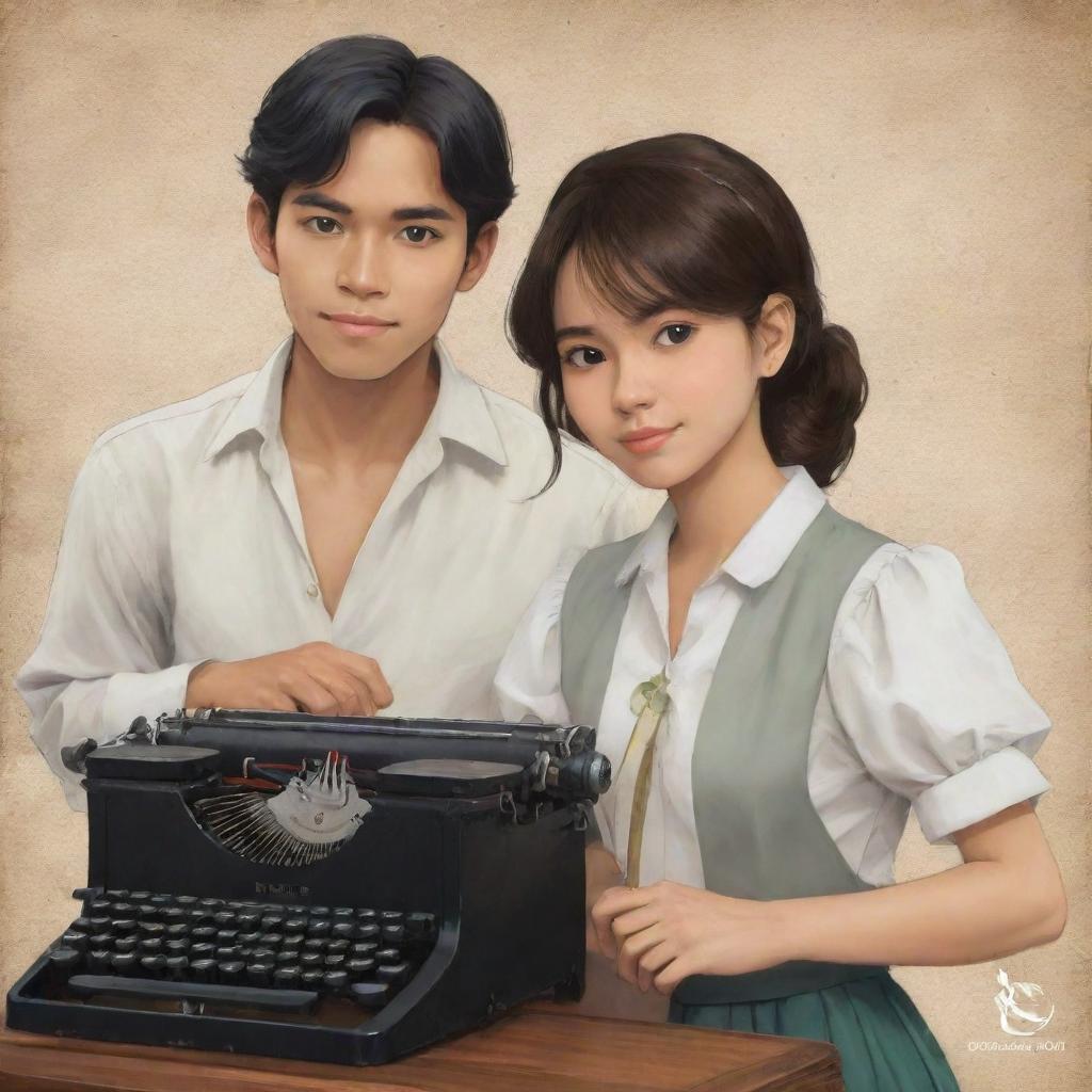 Further modify the anime-style book cover to feature an additional male character. Maintain the theme of Filipinos in the Spanish colonial era, and ensure the female character is still holding a typewriter.