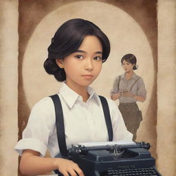 Further modify the anime-style book cover to feature an additional male character. Maintain the theme of Filipinos in the Spanish colonial era, and ensure the female character is still holding a typewriter.