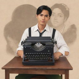 Further modify the anime-style book cover to feature an additional male character. Maintain the theme of Filipinos in the Spanish colonial era, and ensure the female character is still holding a typewriter.